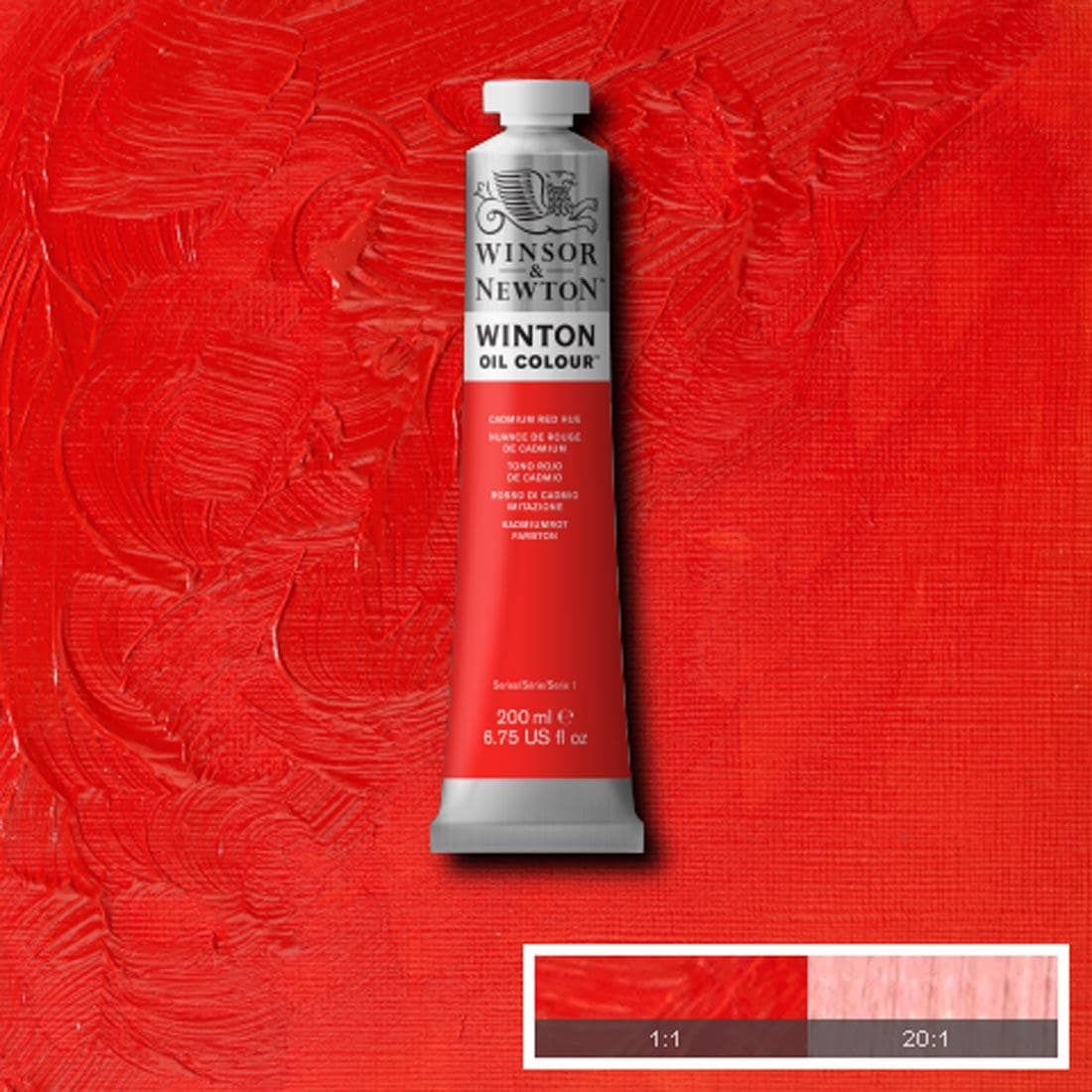 Tube of Cadmium Red Hue Winsor & Newton Winton Oil Colour with a paint swatch for the background