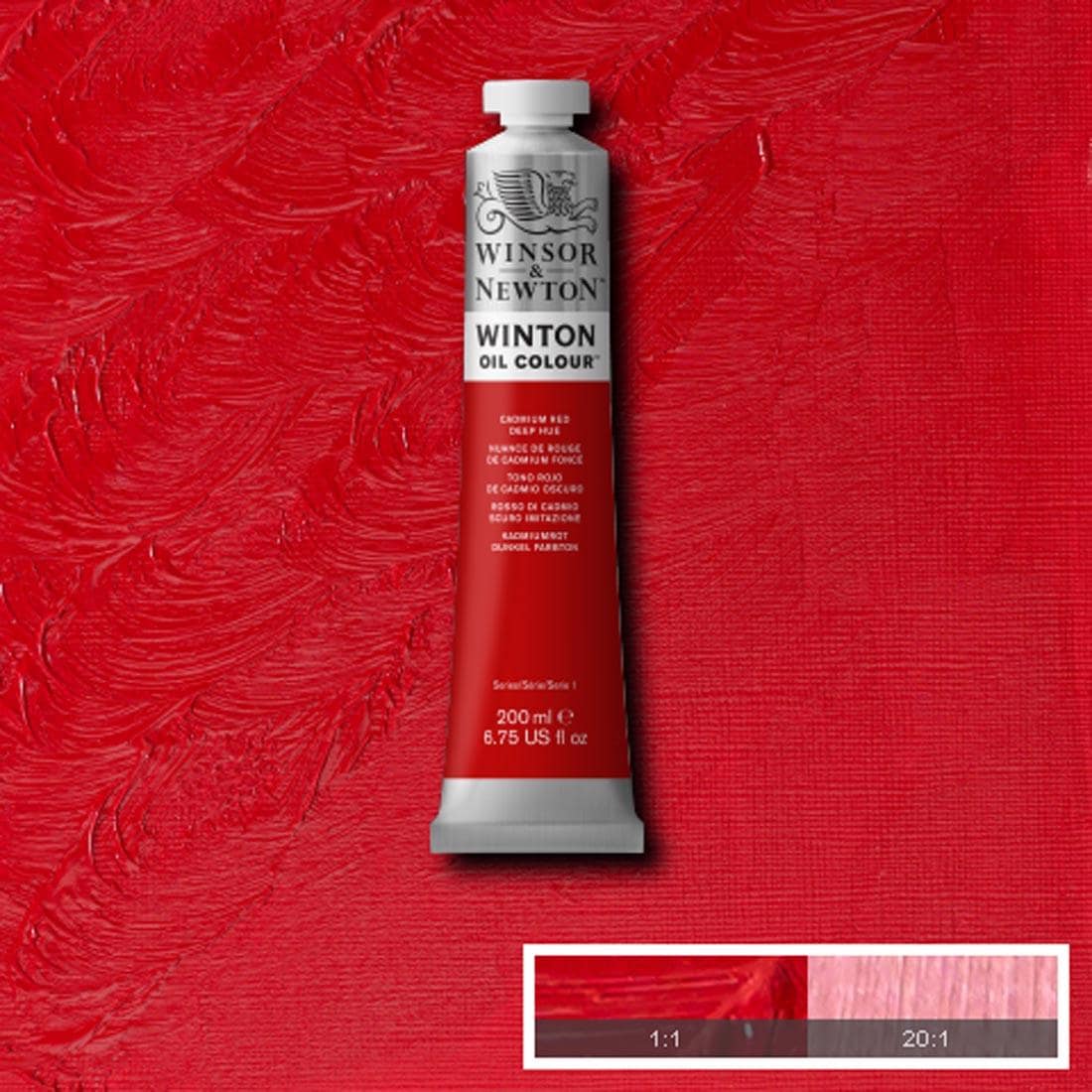 Tube of Cadmium Red Deep Hue Winsor & Newton Winton Oil Colour with a paint swatch for the background