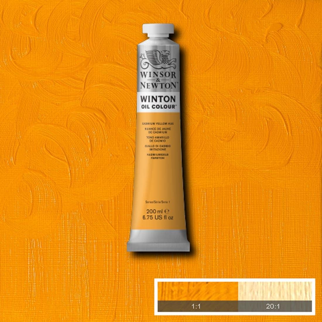 Tube of Cadmium Yellow Hue Winsor & Newton Winton Oil Colour with a paint swatch for the background