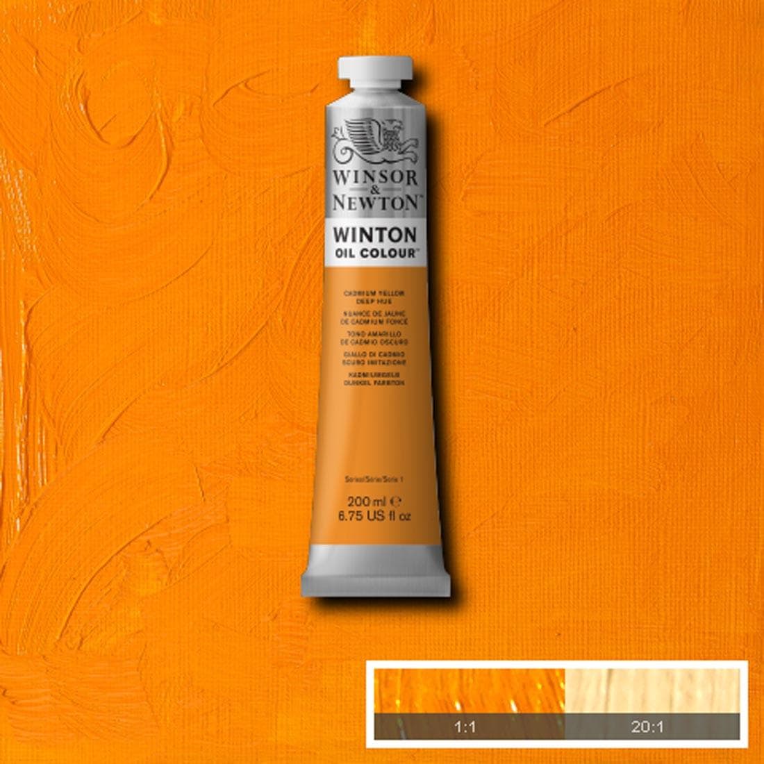 Tube of Cadmium Yellow Deep Hue Winsor & Newton Winton Oil Colour with a paint swatch for the background