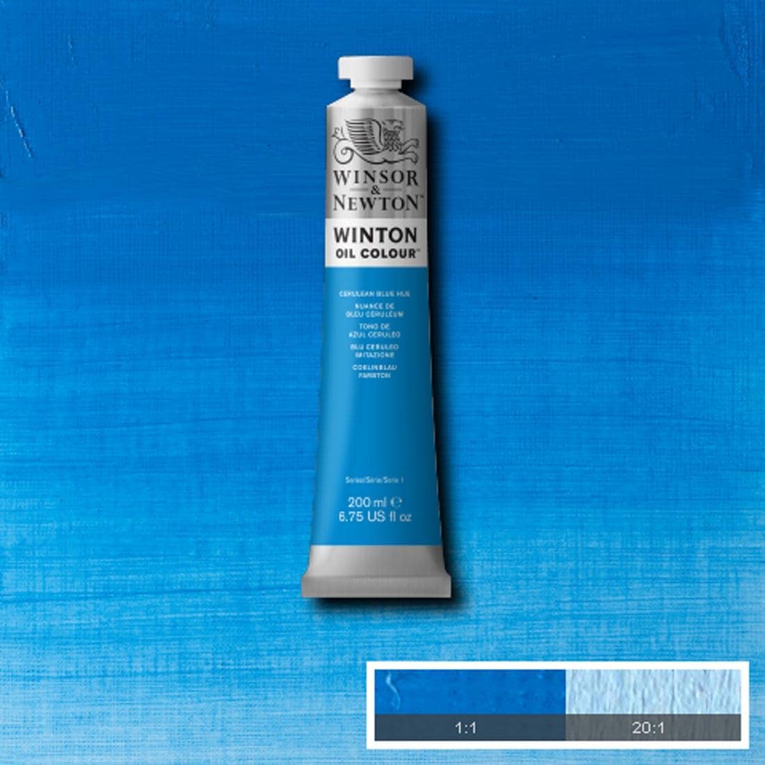 Tube of Cerulean Blue Hue Winsor & Newton Winton Oil Colour with a paint swatch for the background