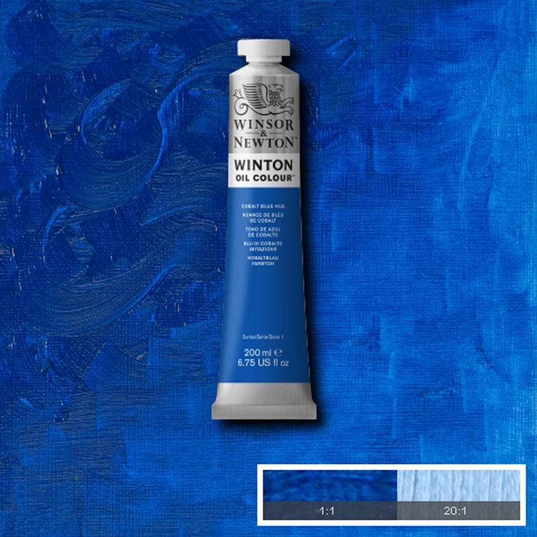 Tube of Cobalt Blue Hue Winsor & Newton Winton Oil Colour with a paint swatch for the background