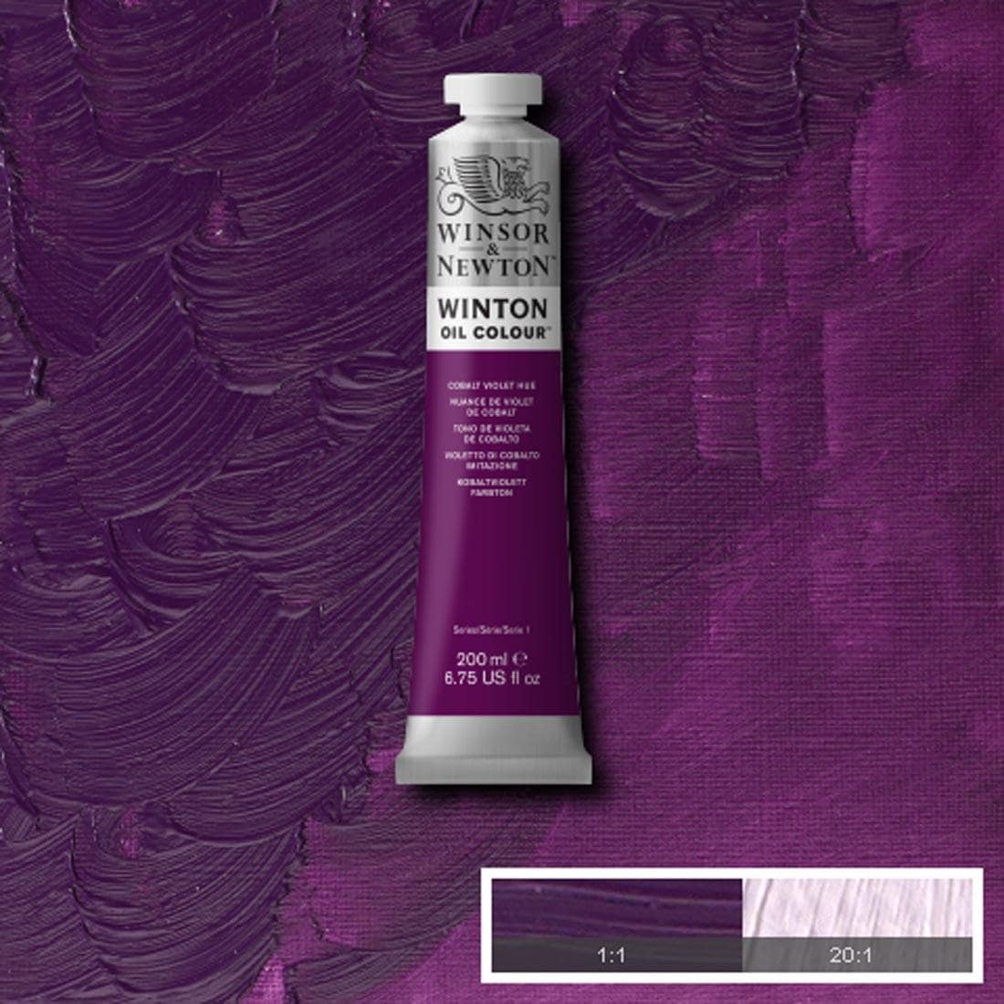 Tube of Cobalt Violet Hue Winsor & Newton Winton Oil Colour with a paint swatch for the background