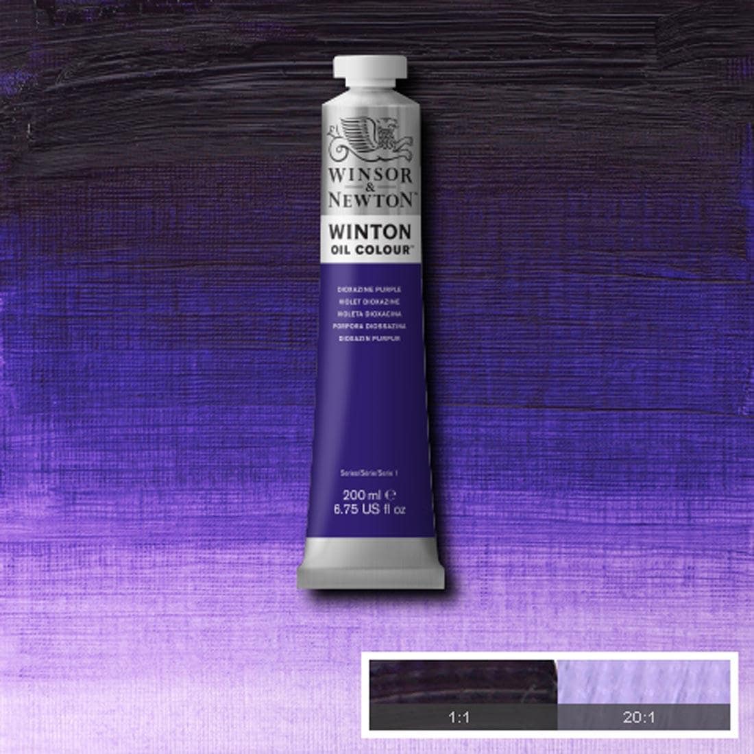 Tube of Dioxazine Purple Winsor & Newton Winton Oil Colour with a paint swatch for the background
