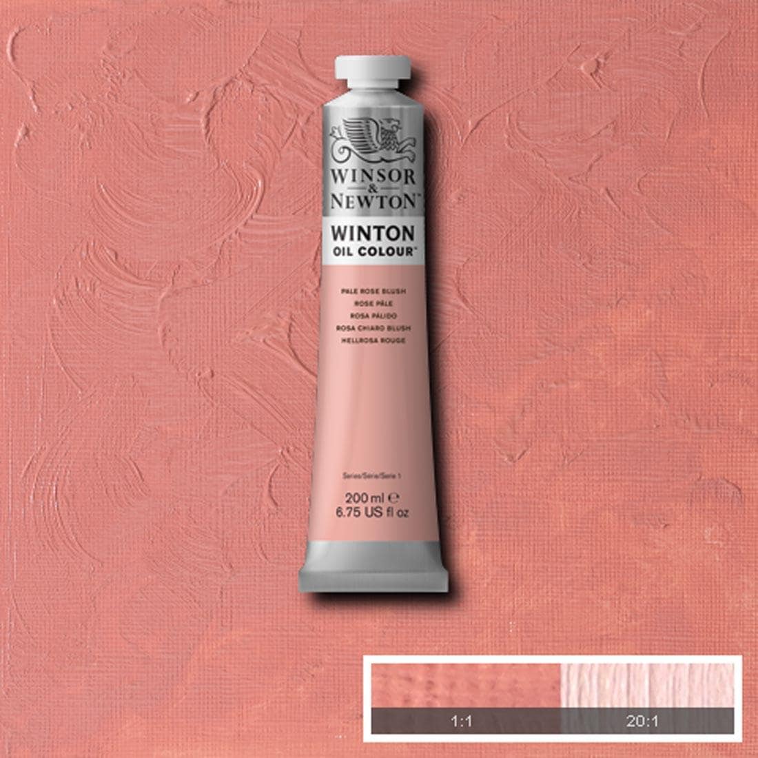 Tube of Pale Rose Blush Winsor & Newton Winton Oil Colour with a paint swatch for the background