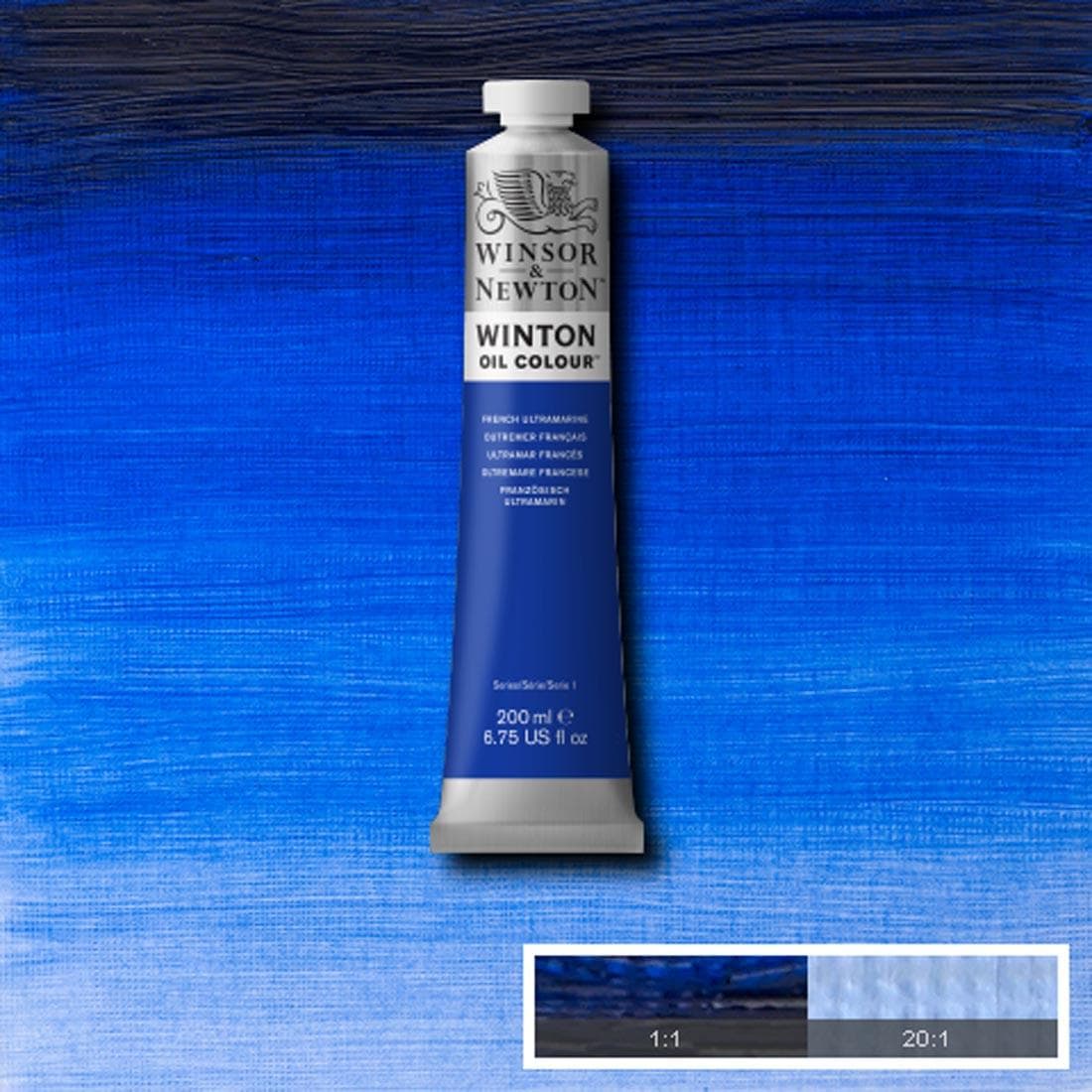 Tube of French Ultramarine Winsor & Newton Winton Oil Colour with a paint swatch for the background