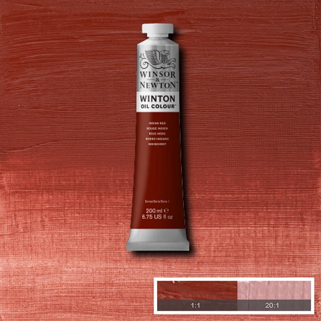 Tube of Indian Red Winsor & Newton Winton Oil Colour with a paint swatch for the background