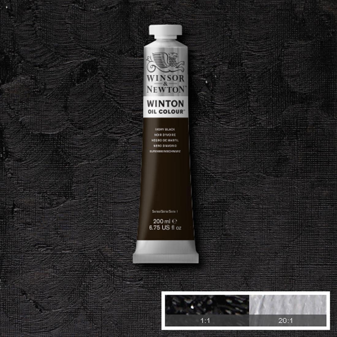 Tube of Ivory Black Winsor & Newton Winton Oil Colour with a paint swatch for the background