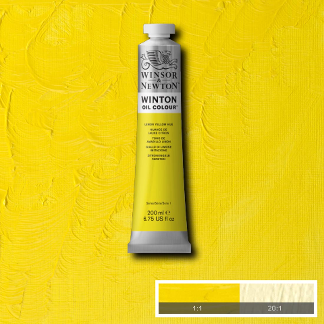 Tube of Lemon Yellow Hue Winsor & Newton Winton Oil Colour with a paint swatch for the background