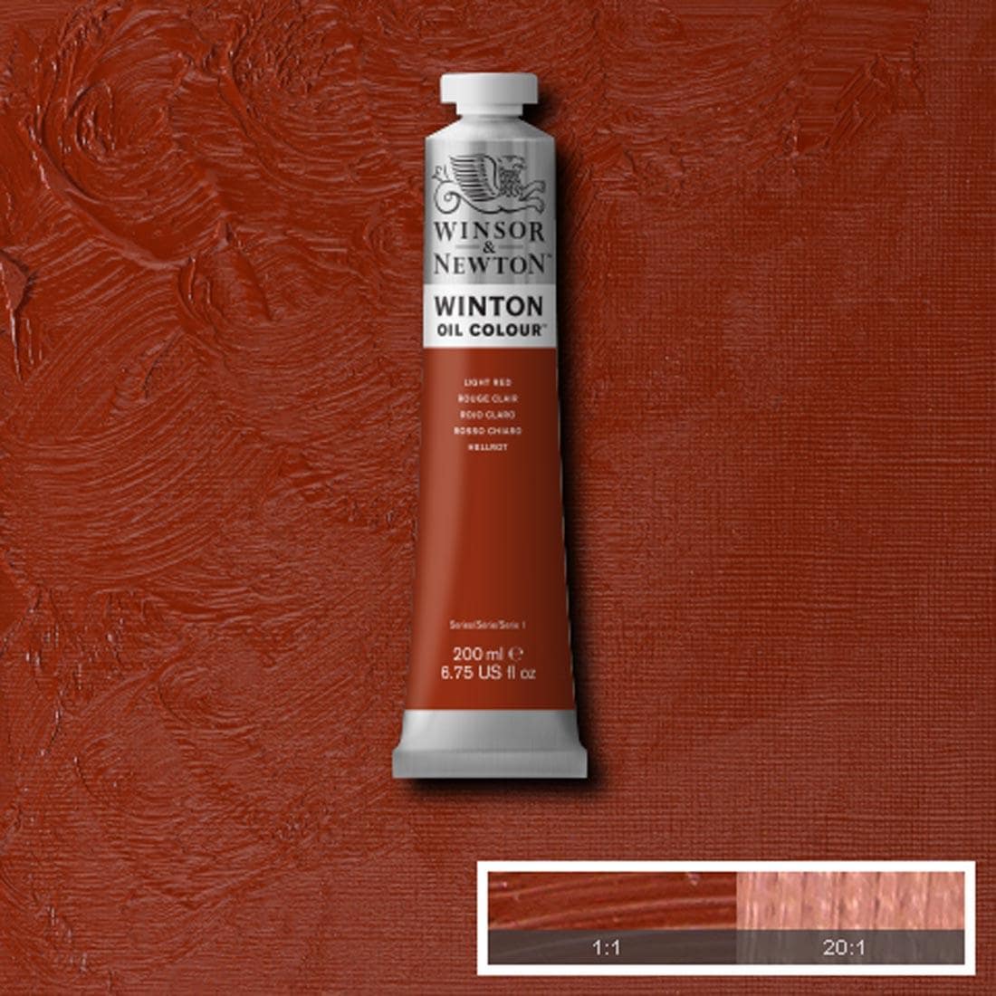 Tube of Light Red Winsor & Newton Winton Oil Colour with a paint swatch for the background