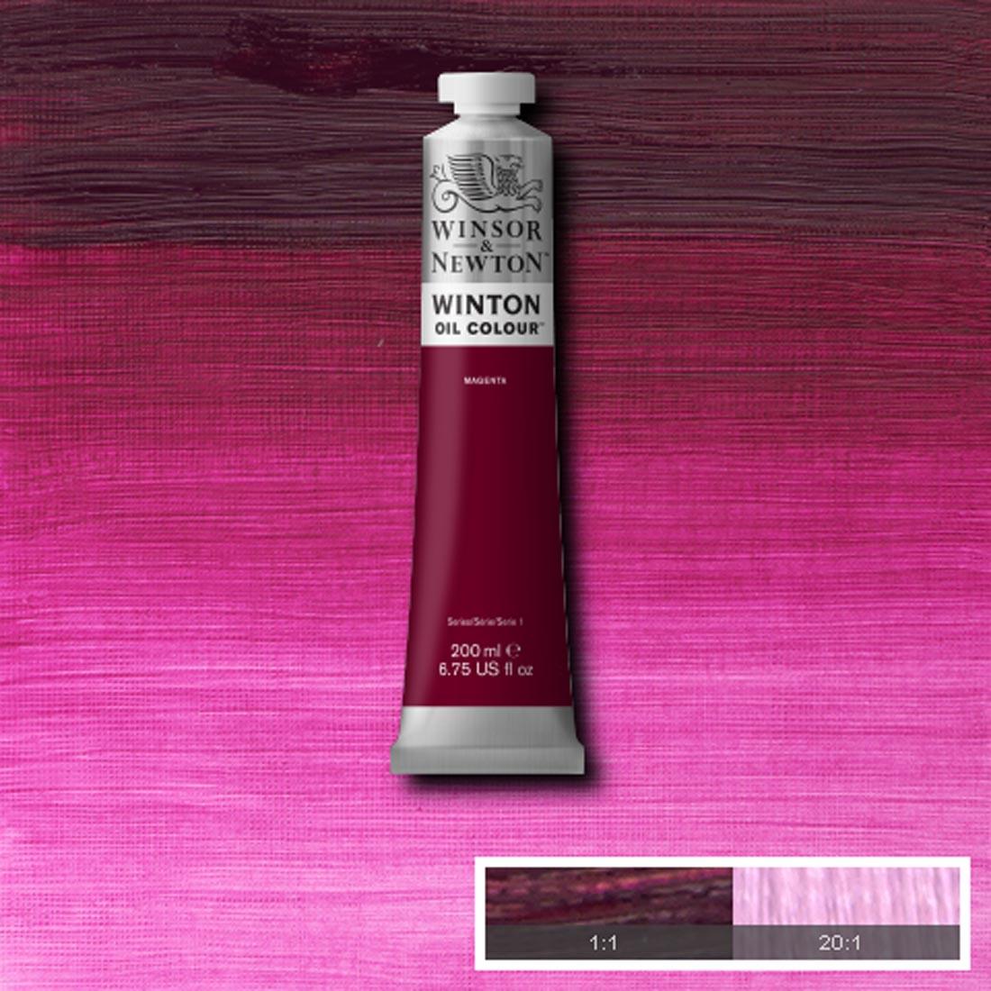 Tube of Magenta Winsor & Newton Winton Oil Colour with a paint swatch for the background
