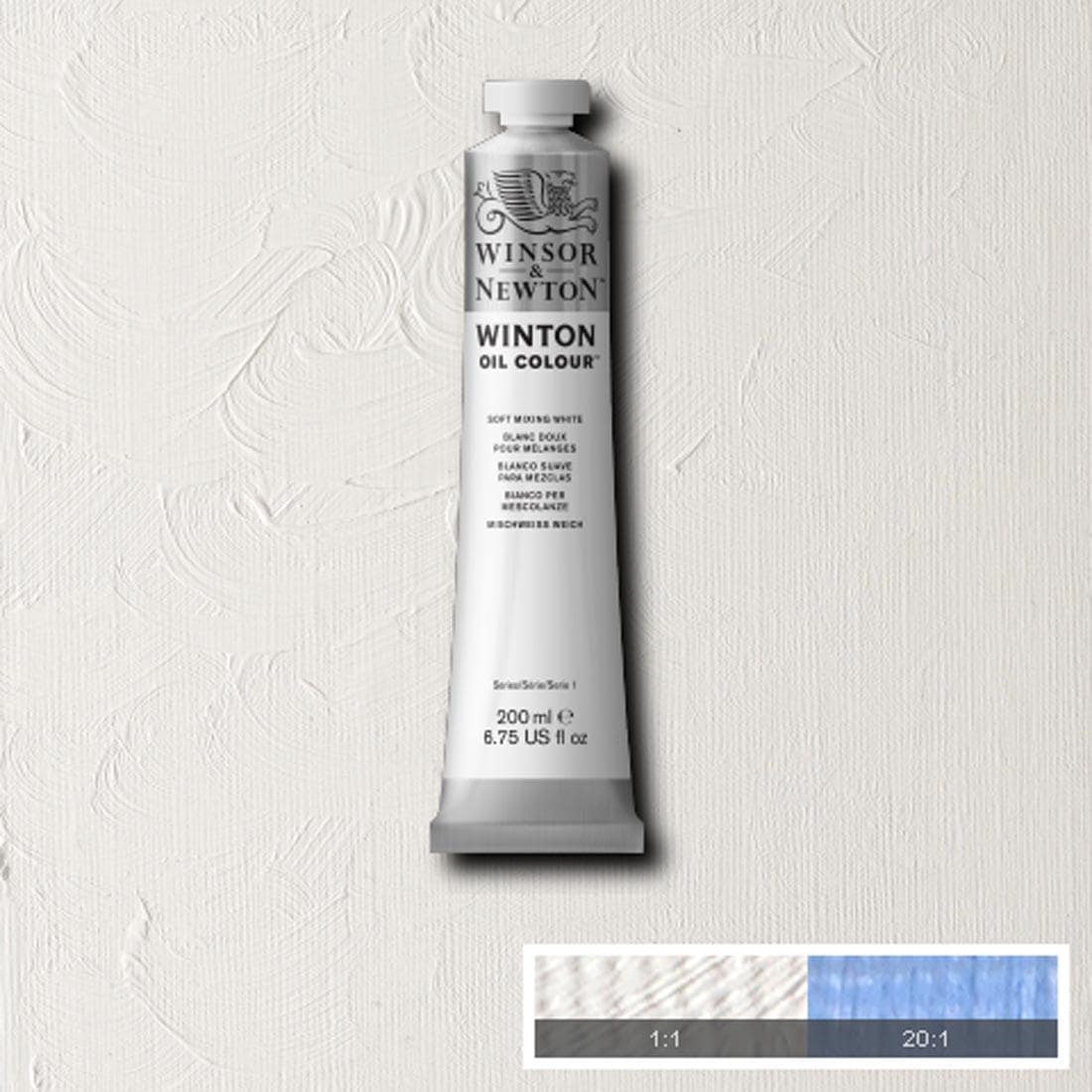 Tube of Soft Mixing White Winsor & Newton Winton Oil Colour with a paint swatch for the background