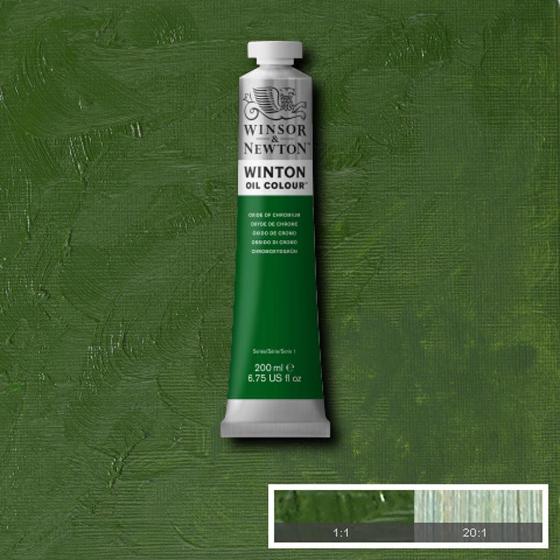 Tube of Oxide of Chromium Winsor & Newton Winton Oil Colour with a paint swatch for the background