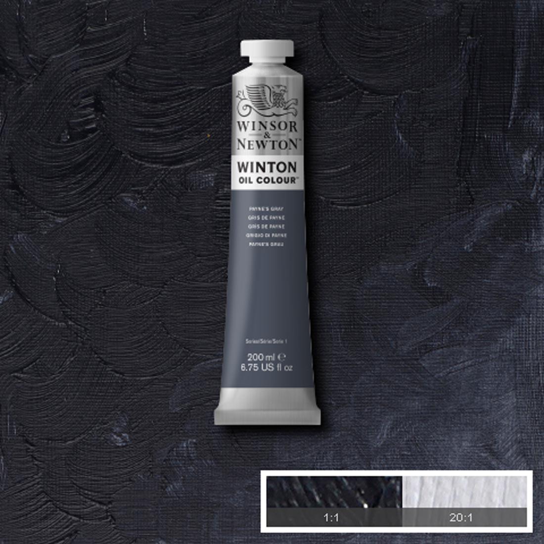 Tube of Payne's Gray Winsor & Newton Winton Oil Colour with a paint swatch for the background