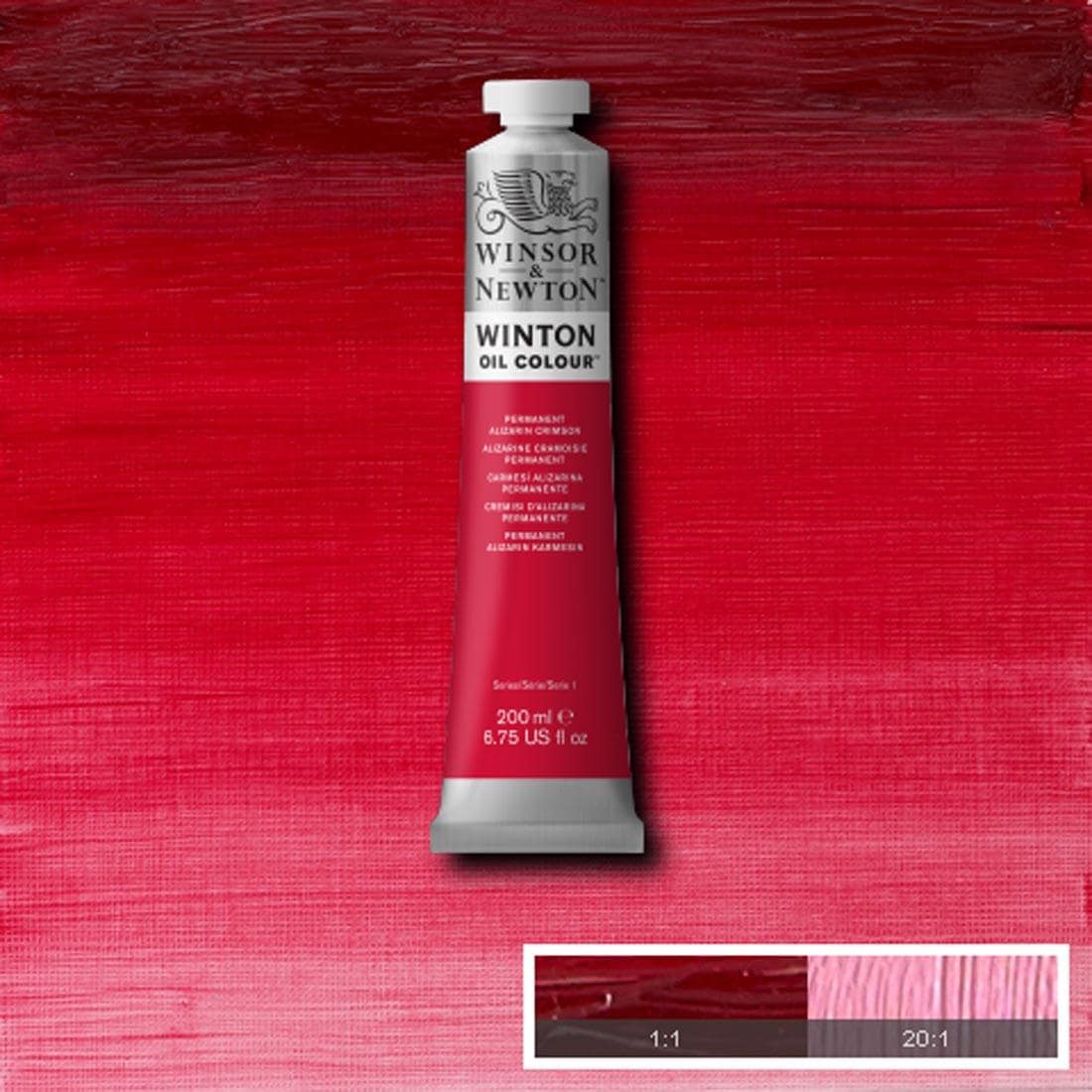 Tube of Permanent Alizarin Crimson Winsor & Newton Winton Oil Colour with a paint swatch for the background