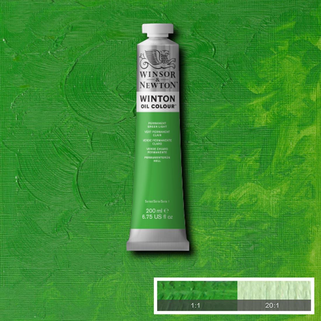 Tube of Permanent Green Light Winsor & Newton Winton Oil Colour with a paint swatch for the background