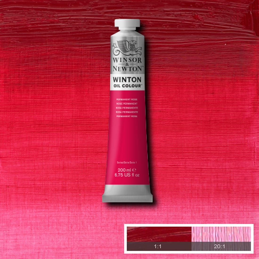 Tube of Permanent Rose Winsor & Newton Winton Oil Colour with a paint swatch for the background