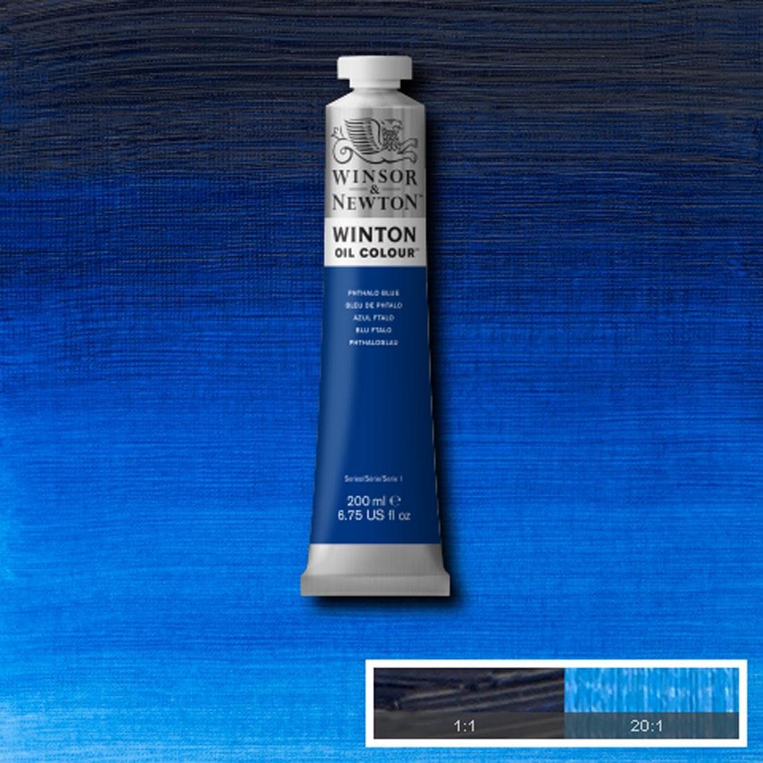 Tube of Phthalo Blue Winsor & Newton Winton Oil Colour with a paint swatch for the background