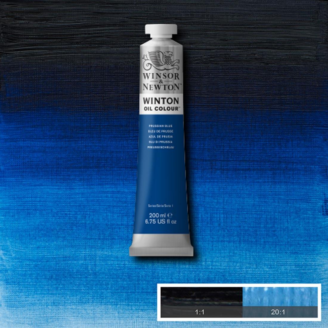 Tube of Prussian Blue Winsor & Newton Winton Oil Colour with a paint swatch for the background