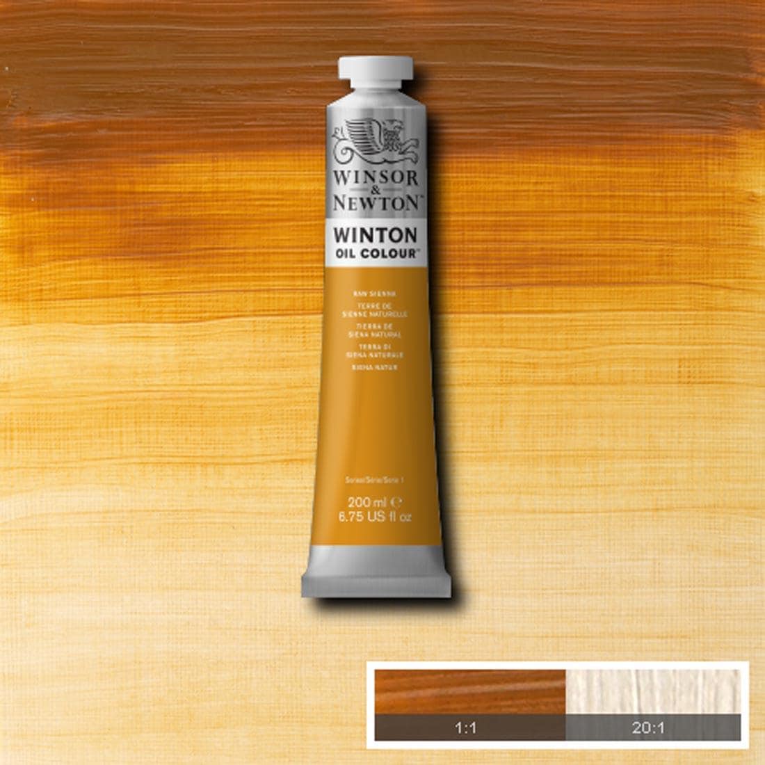 Tube of Raw Sienna Winsor & Newton Winton Oil Colour with a paint swatch for the background