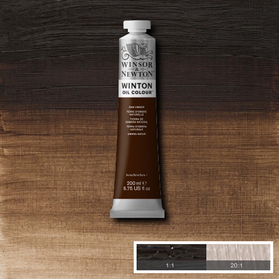 Tube of Raw Umber Winsor & Newton Winton Oil Colour with a paint swatch for the background
