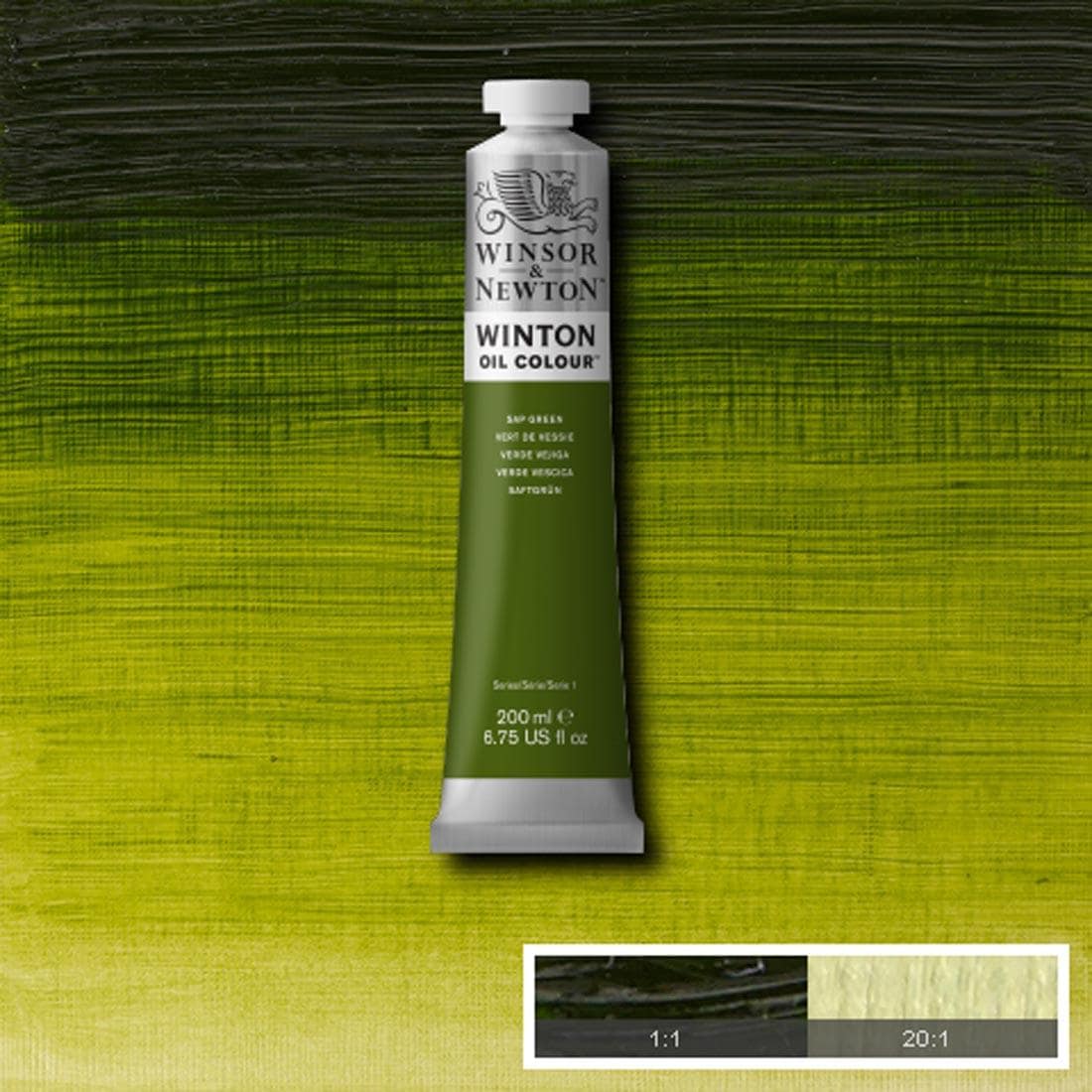 Tube of Sap Green Winsor & Newton Winton Oil Colour with a paint swatch for the background