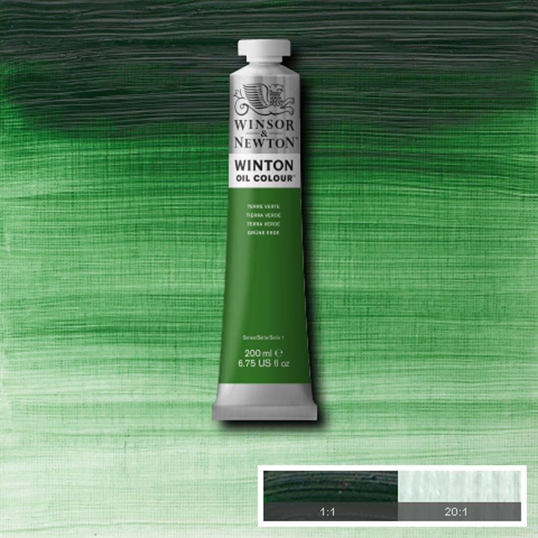 Tube of Terre Verte Winsor & Newton Winton Oil Colour with a paint swatch for the background