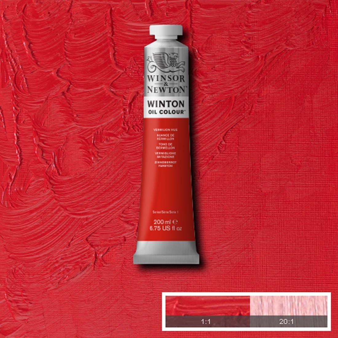 Tube of Vermilion Hue Winsor & Newton Winton Oil Colour with a paint swatch for the background