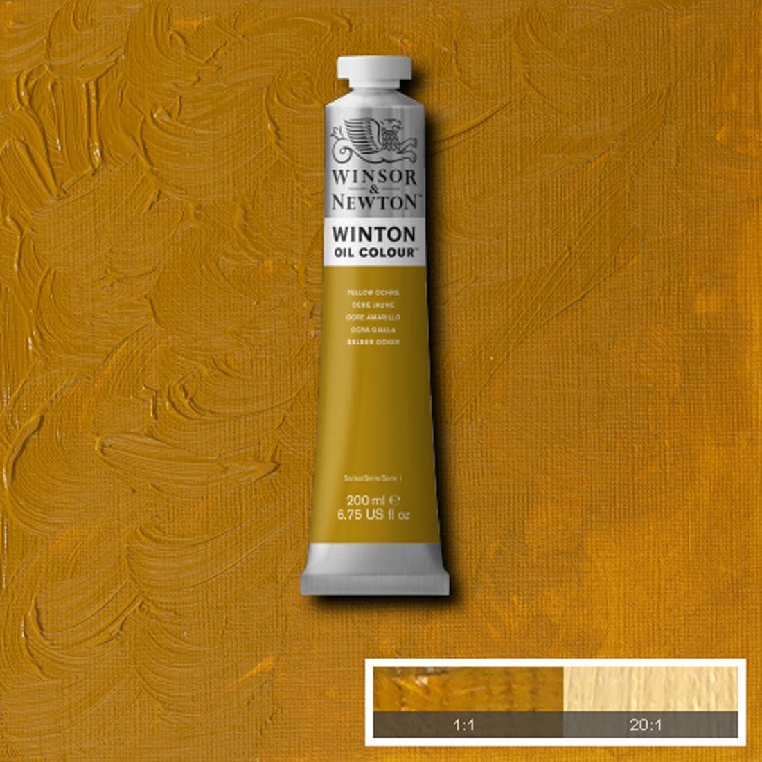 Tube of Yellow Ochre Winsor & Newton Winton Oil Colour with a paint swatch for the background