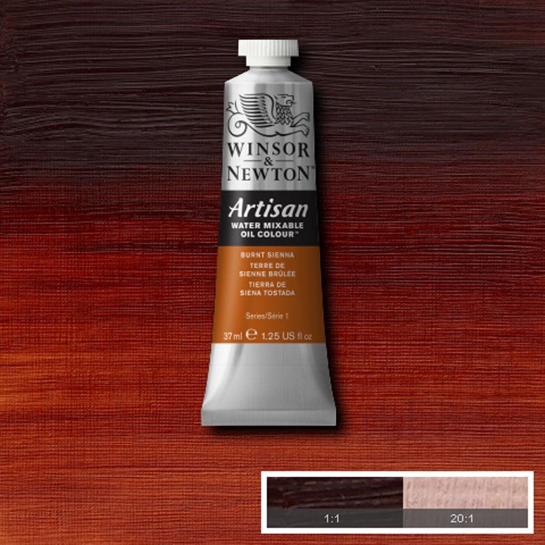 Tube of Burnt Sienna Winsor & Newton Artisan Water Mixable Oil Colour with a paint swatch for the background