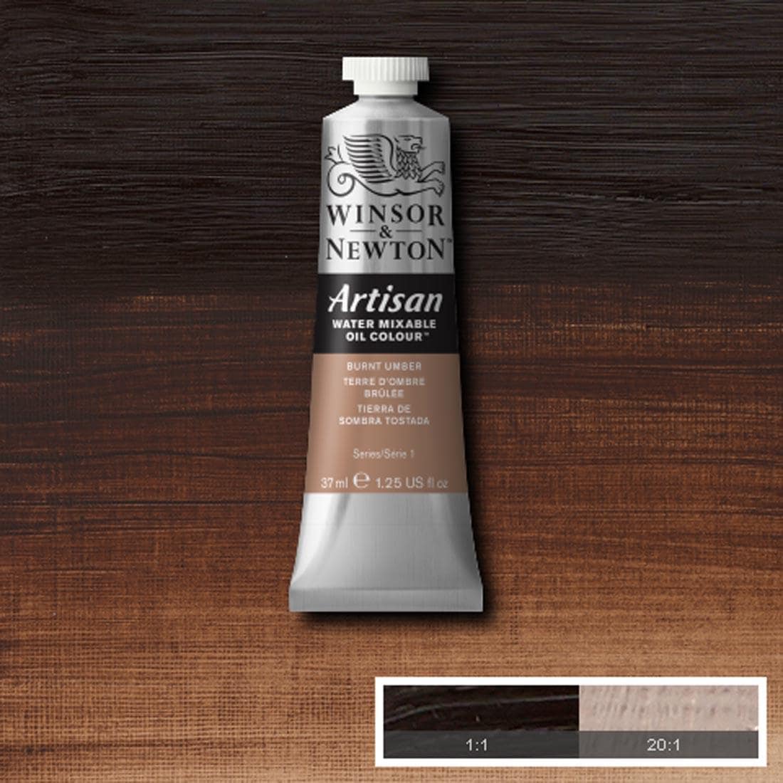 Tube of Burnt Umber Winsor & Newton Artisan Water Mixable Oil Colour with a paint swatch for the background