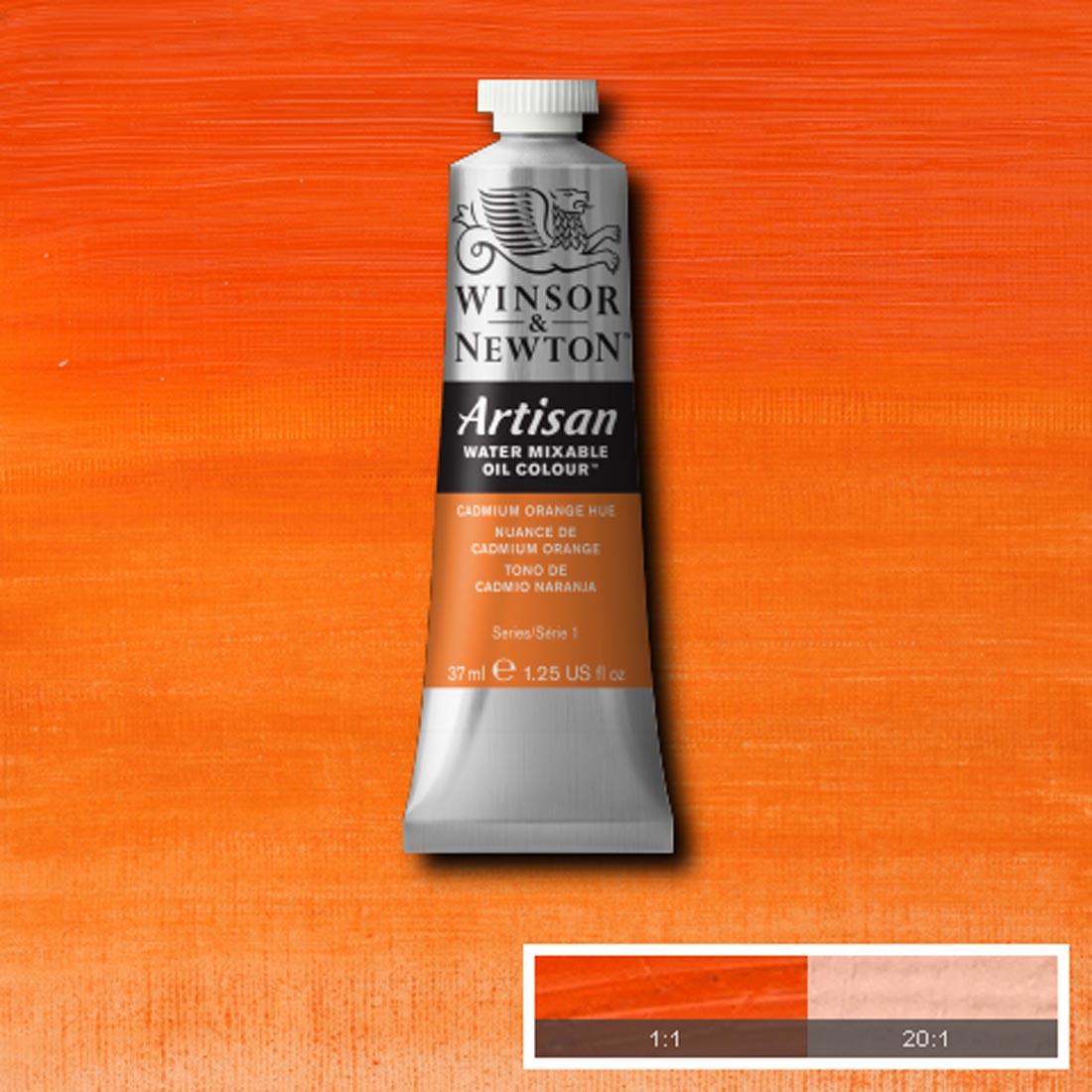 Tube of Cadmium Orange Hue Winsor & Newton Artisan Water Mixable Oil Colour with a paint swatch for the background