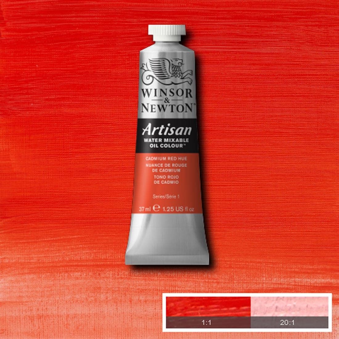 Tube of Cadmium Red Hue Winsor & Newton Artisan Water Mixable Oil Colour with a paint swatch for the background