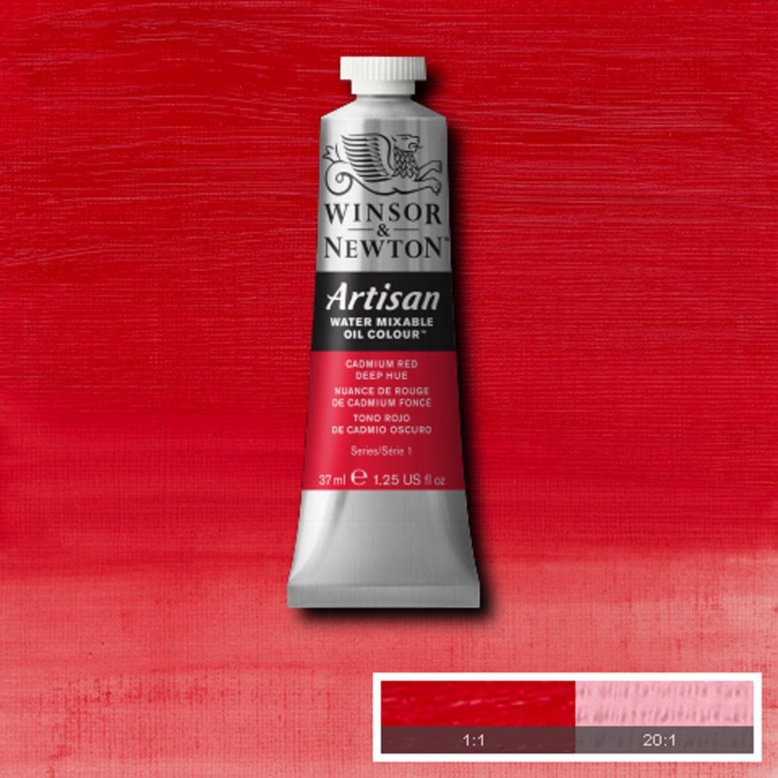 Tube of Cadmium Red Deep Hue Winsor & Newton Artisan Water Mixable Oil Colour with a paint swatch for the background