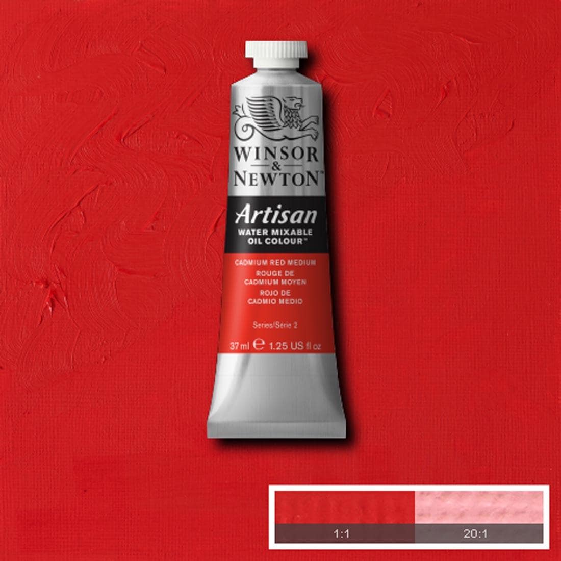 Tube of Cadmium Red Medium Winsor & Newton Artisan Water Mixable Oil Colour with a paint swatch for the background