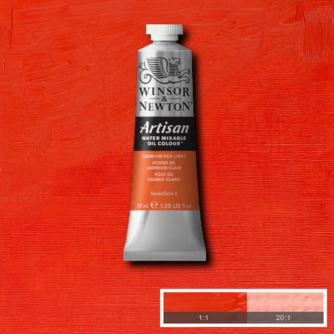 Tube of Cadmium Red Light Winsor & Newton Artisan Water Mixable Oil Colour with a paint swatch for the background