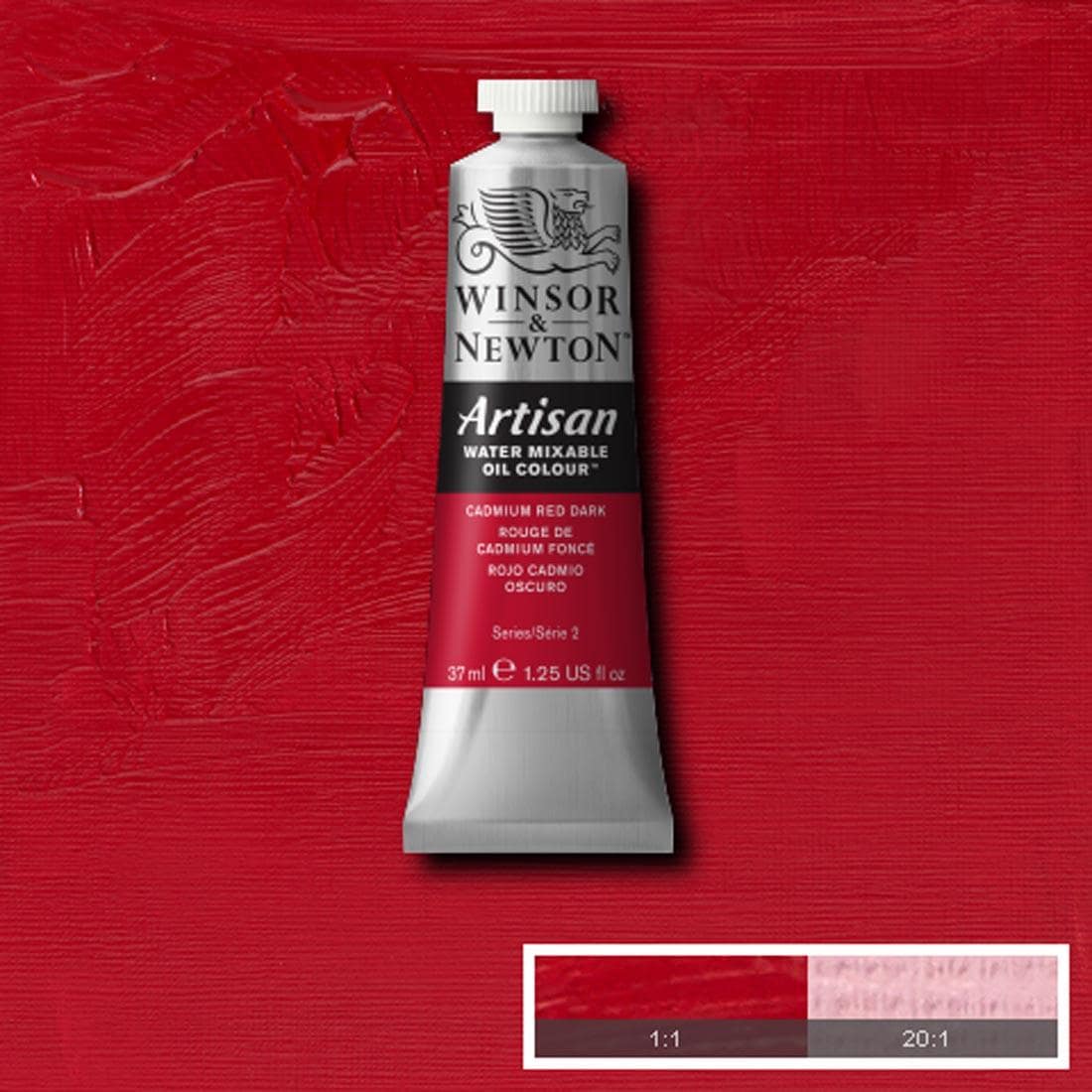 Tube of Cadmium Red Dark Winsor & Newton Artisan Water Mixable Oil Colour with a paint swatch for the background