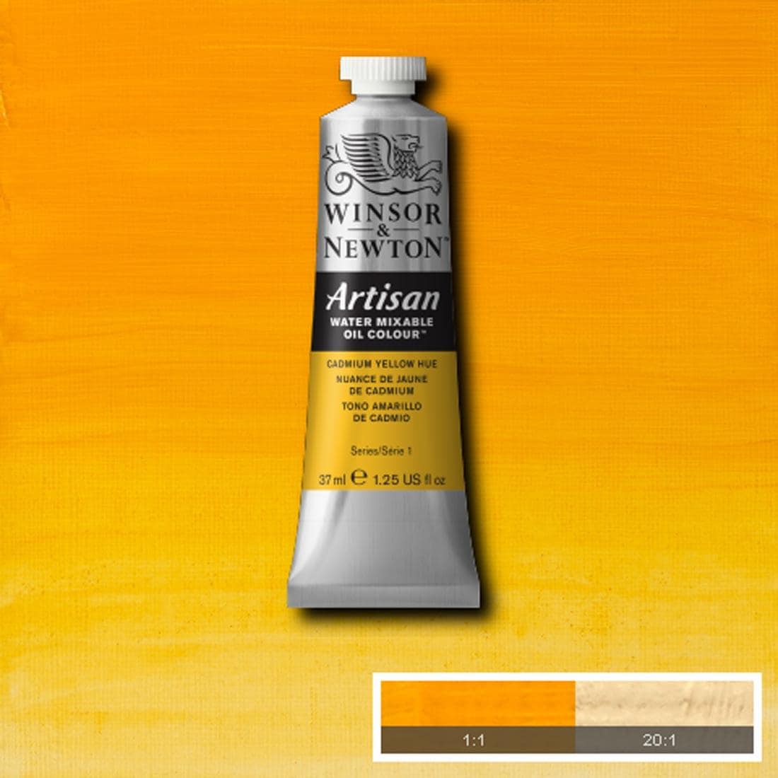 Tube of Cadmium Yellow Hue Winsor & Newton Artisan Water Mixable Oil Colour with a paint swatch for the background