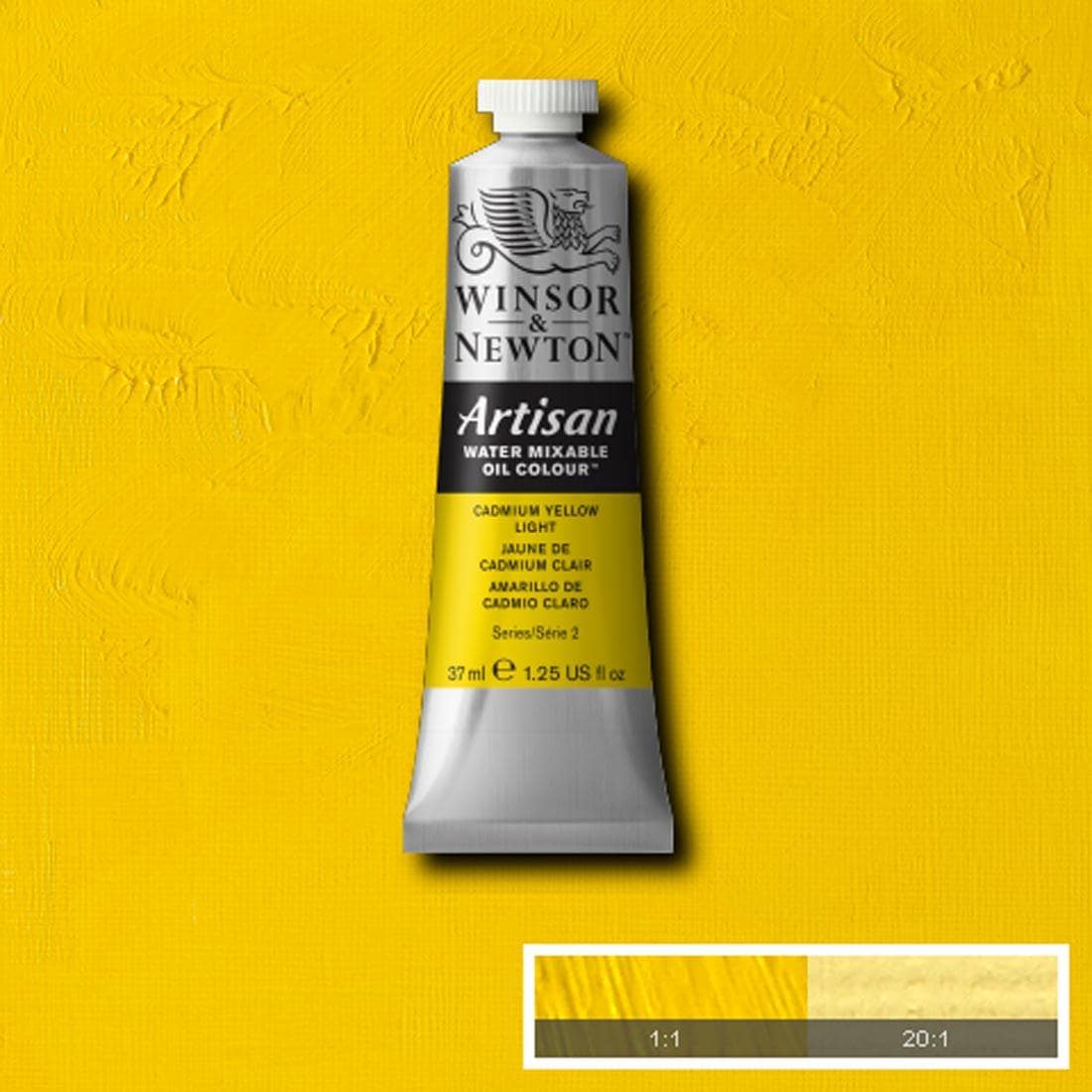 Tube of Cadmium Yellow Light Winsor & Newton Artisan Water Mixable Oil Colour with a paint swatch for the background