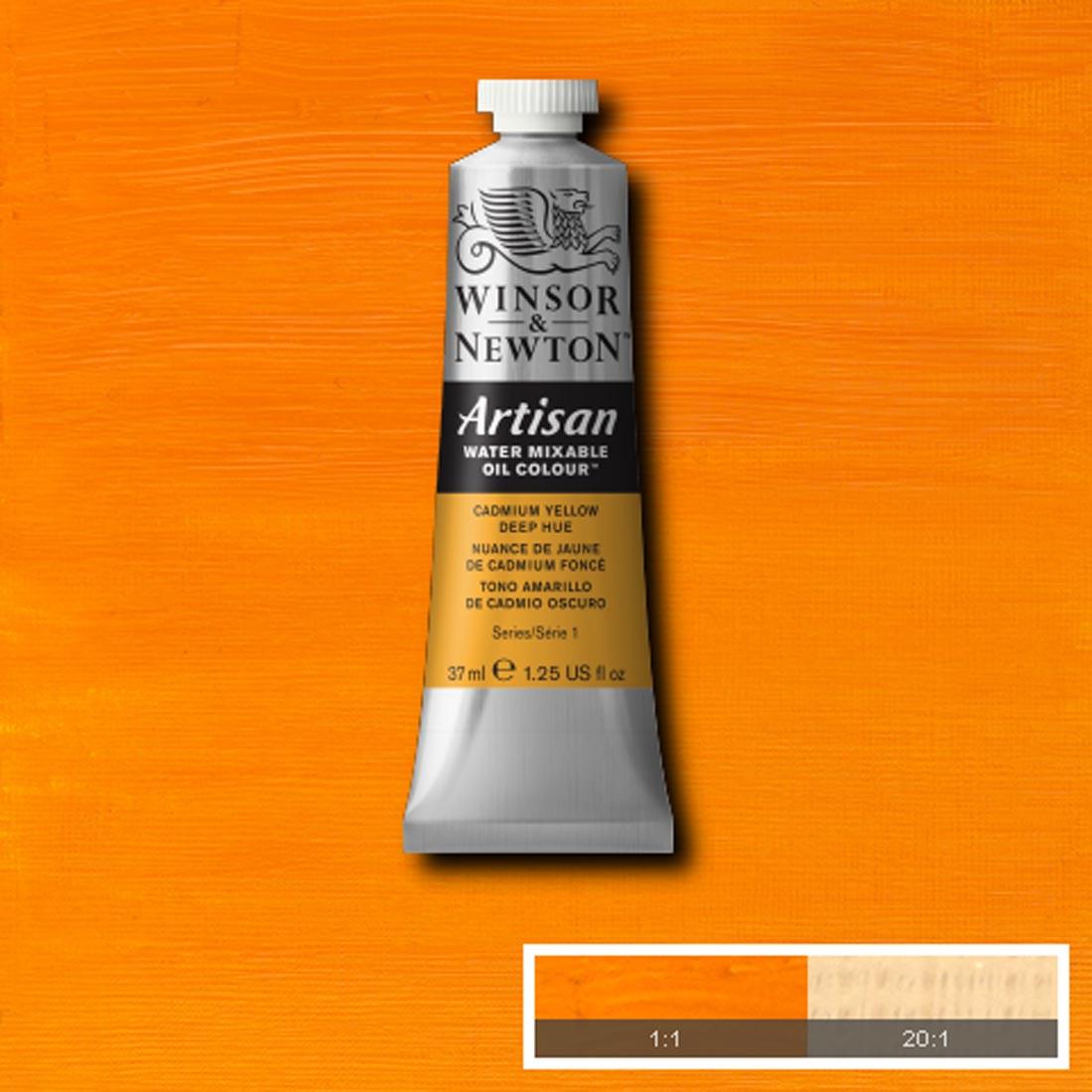Tube of Cadmium Yellow Deep Hue Winsor & Newton Artisan Water Mixable Oil Colour with a paint swatch for the background