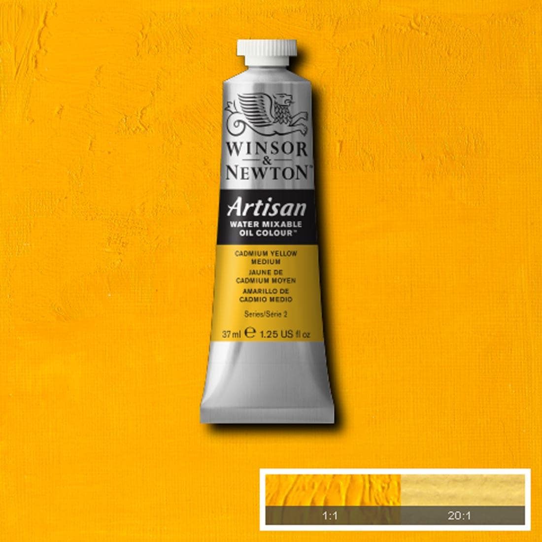 Tube of Cadmium Yellow Medium Winsor & Newton Artisan Water Mixable Oil Colour with a paint swatch for the background