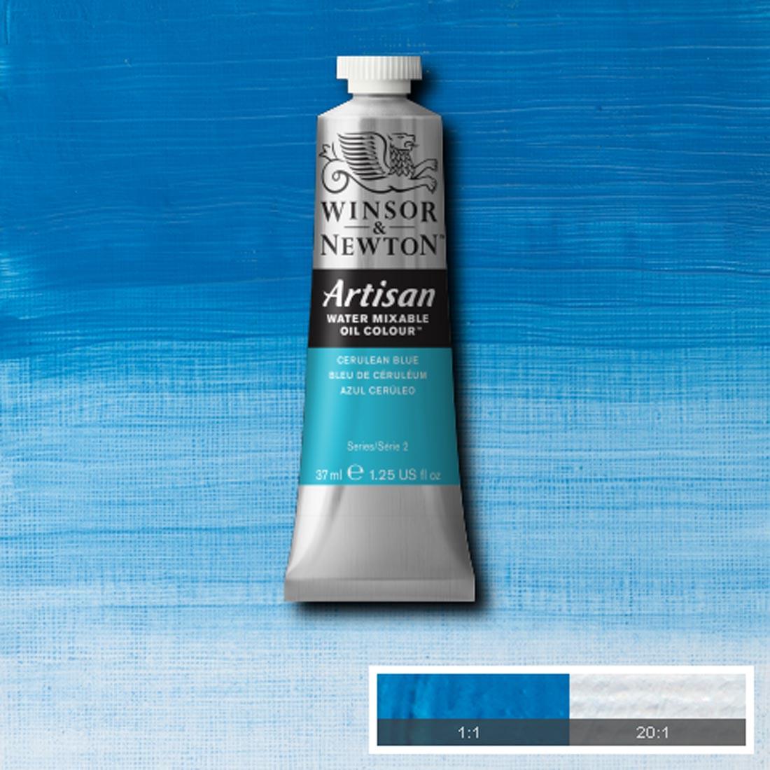 Tube of Cerulean Blue Winsor & Newton Artisan Water Mixable Oil Colour with a paint swatch for the background