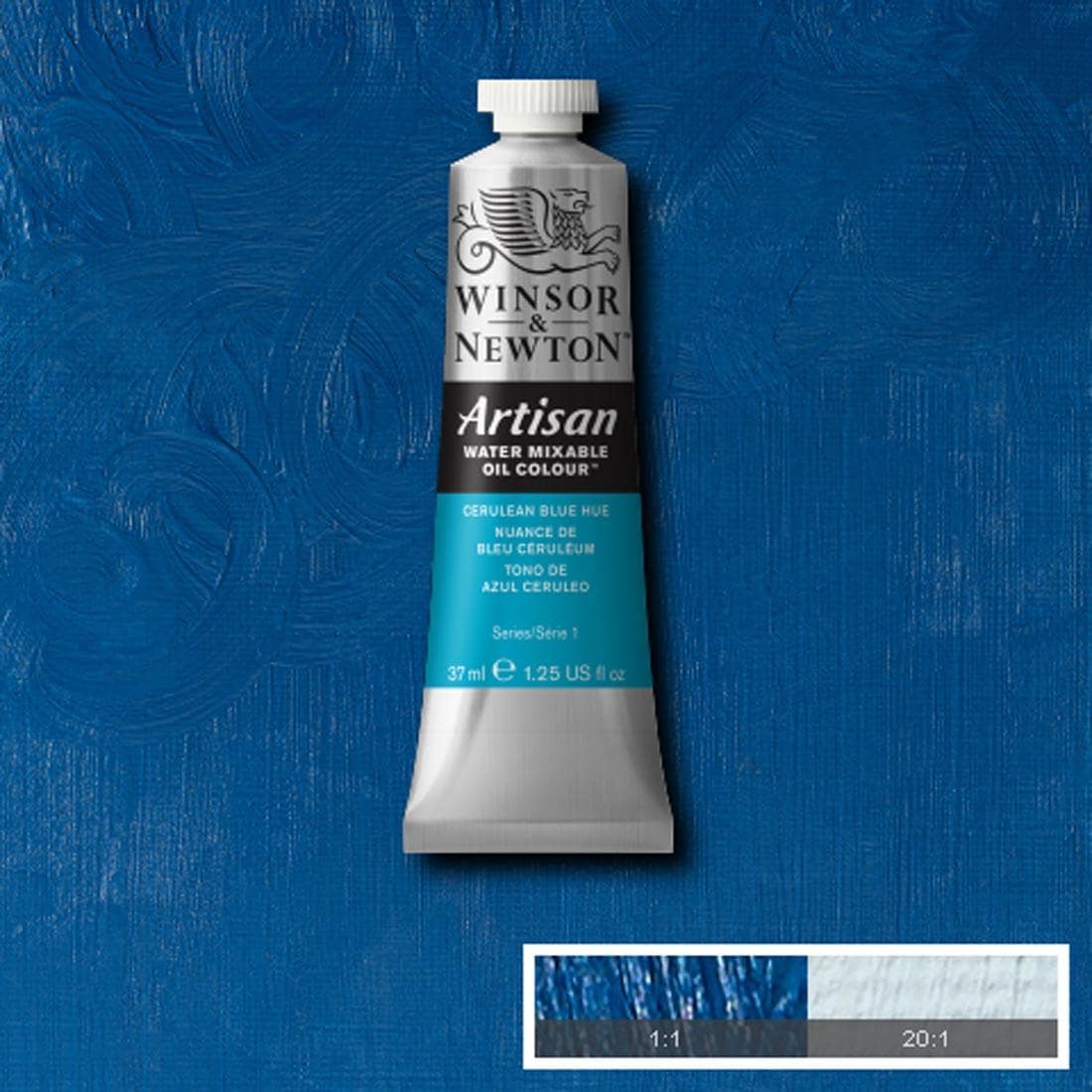 Tube of Cerulean Blue Hue Winsor & Newton Artisan Water Mixable Oil Colour with a paint swatch for the background