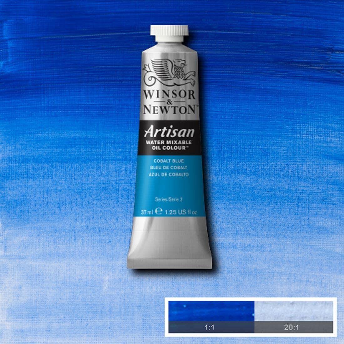 Tube of Cobalt Blue Winsor & Newton Artisan Water Mixable Oil Colour with a paint swatch for the background