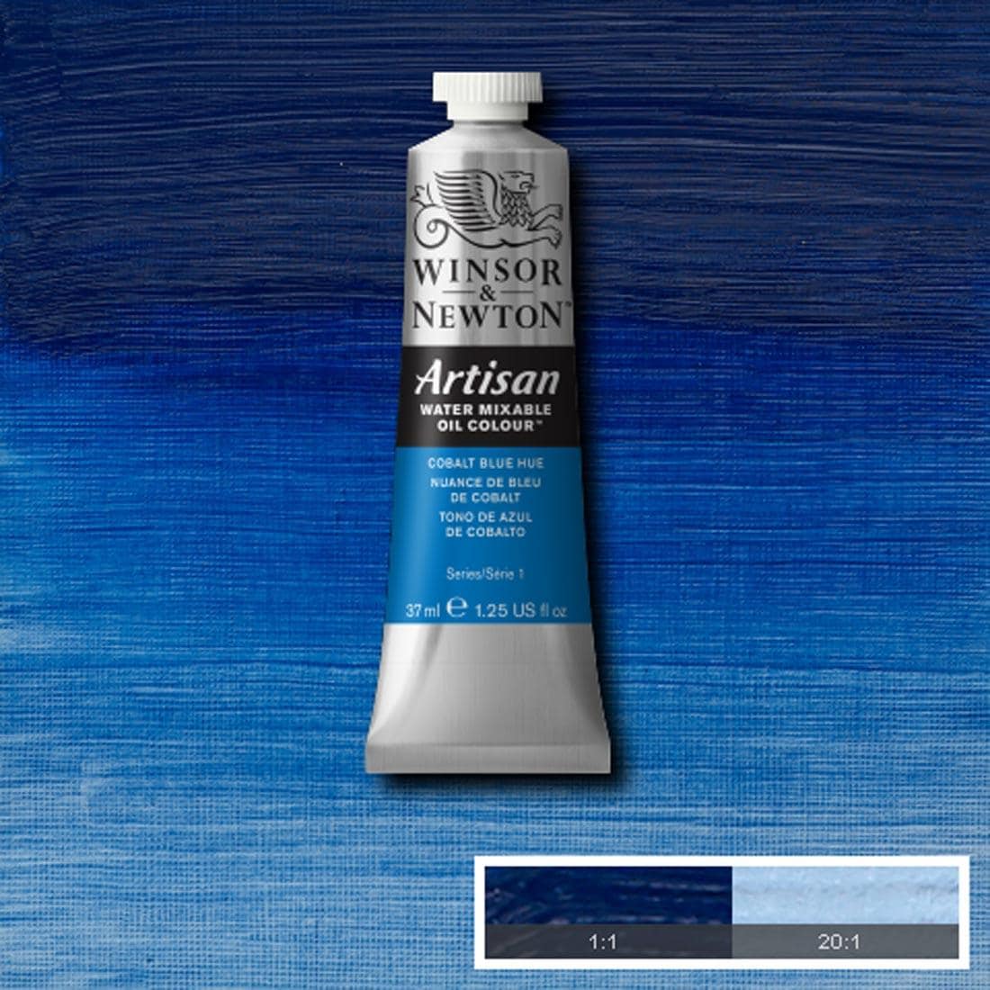 Tube of Cobalt Blue Hue Winsor & Newton Artisan Water Mixable Oil Colour with a paint swatch for the background