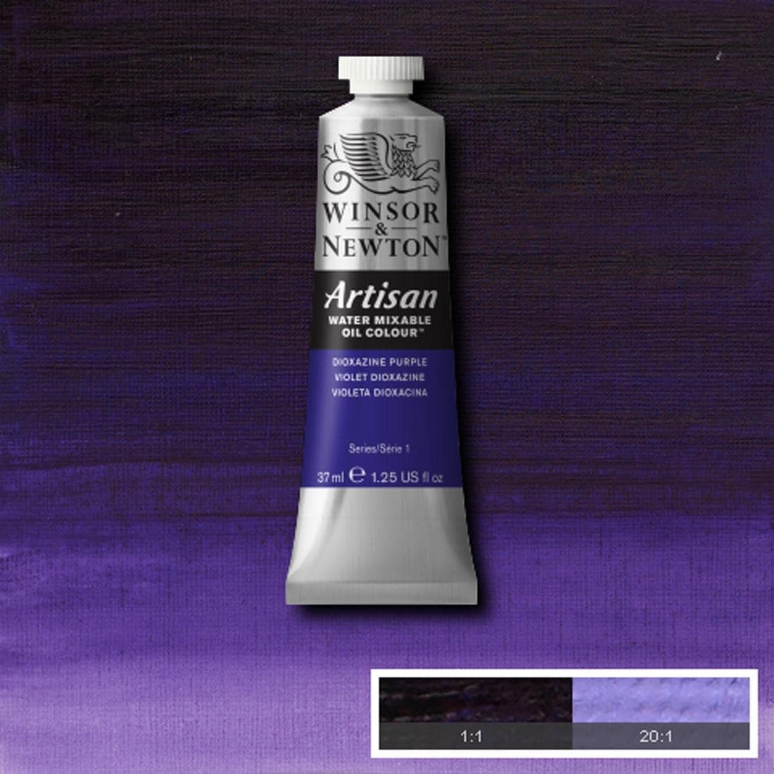 Tube of Dioxazine Purple Winsor & Newton Artisan Water Mixable Oil Colour with a paint swatch for the background