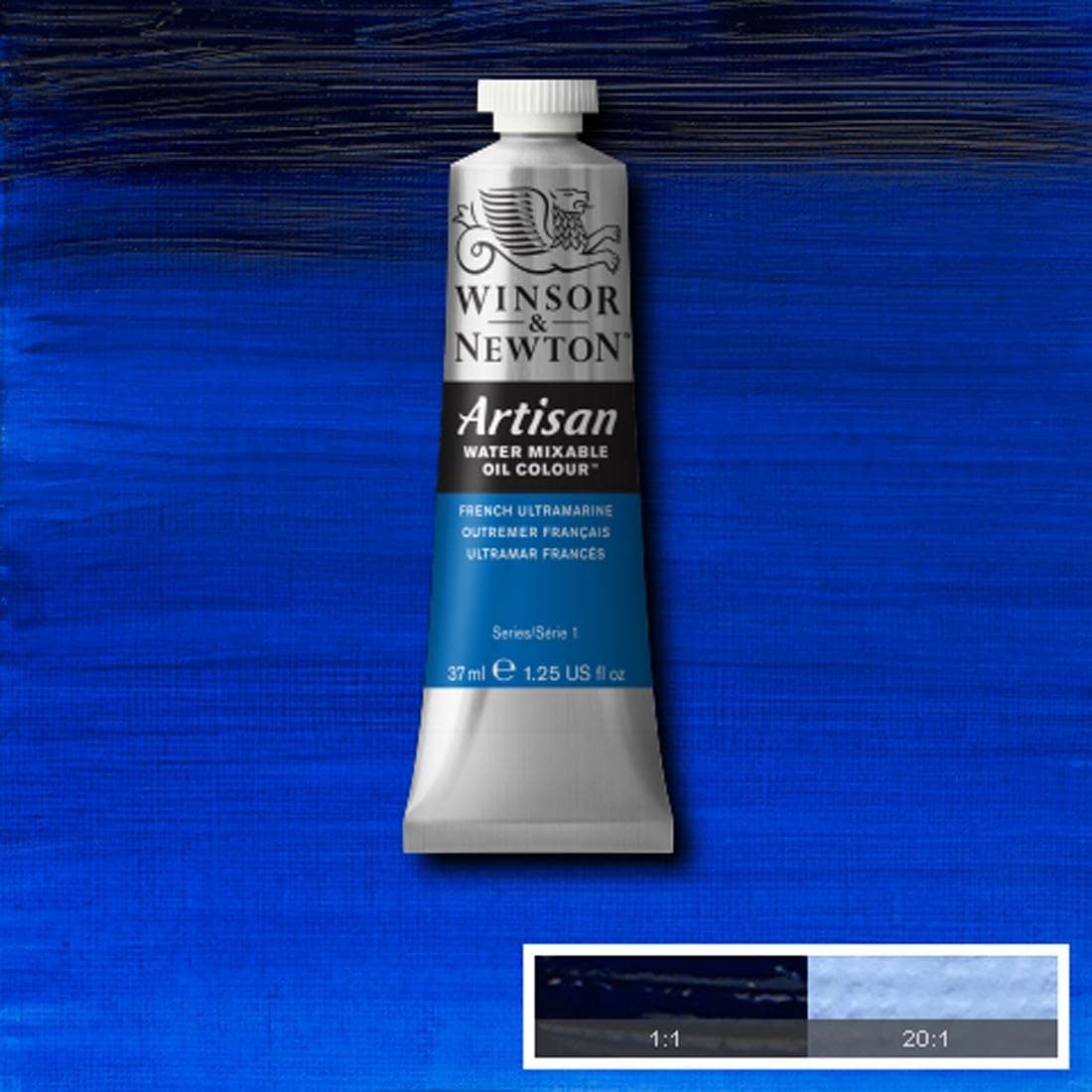 Tube of French Ultramarine Winsor & Newton Artisan Water Mixable Oil Colour with a paint swatch for the background