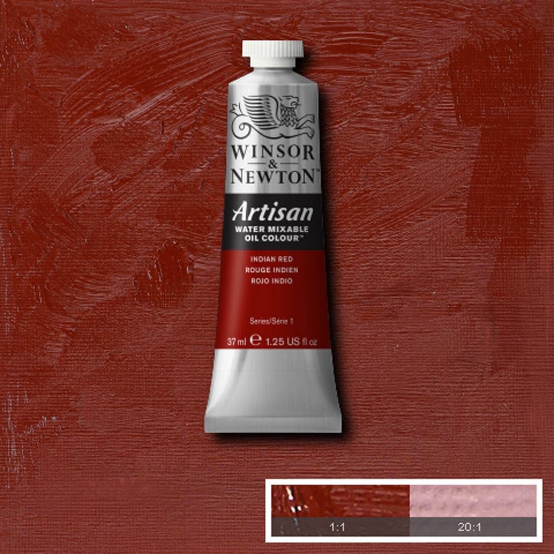 Tube of Indian Red Winsor & Newton Artisan Water Mixable Oil Colour with a paint swatch for the background