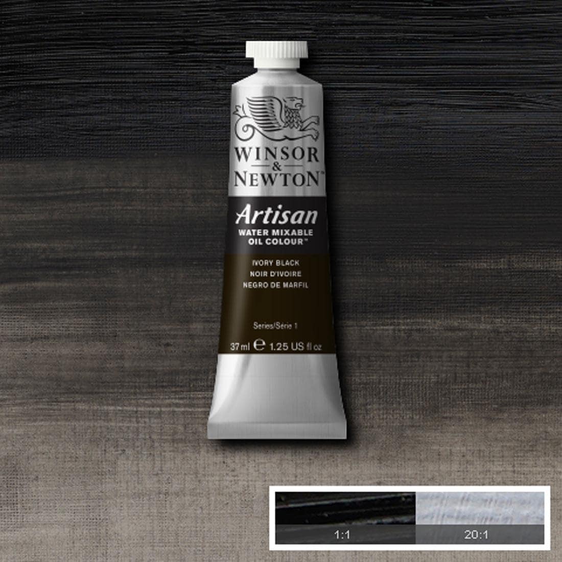 Tube of Ivory Black Winsor & Newton Artisan Water Mixable Oil Colour with a paint swatch for the background