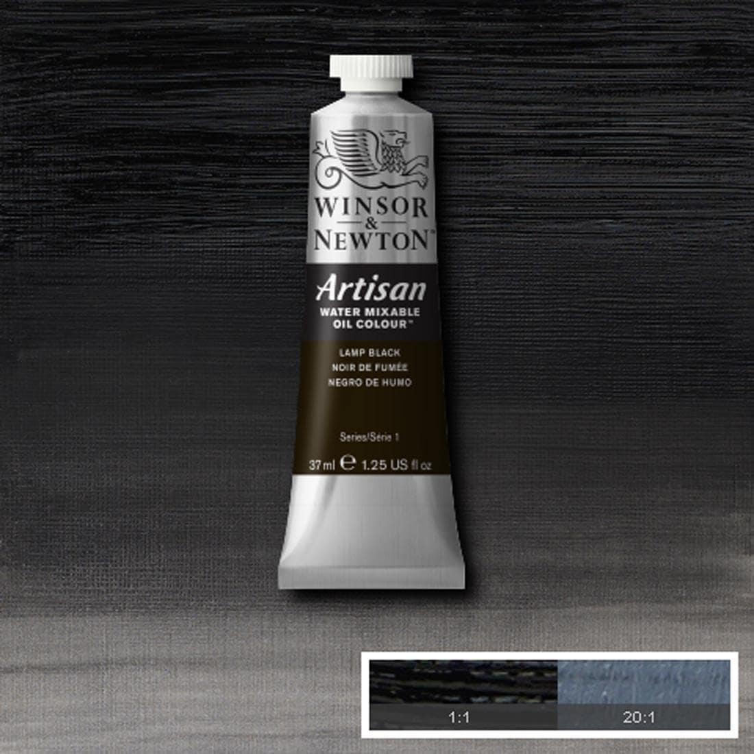 Tube of Lamp Black Winsor & Newton Artisan Water Mixable Oil Colour with a paint swatch for the background